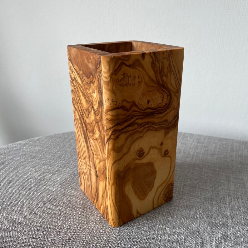 Olive Wood Utensil Holder Square Shape for Stability Lovely Etsy