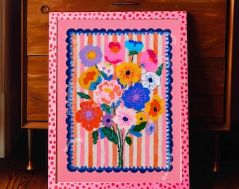 Cheerful Pink Floral Wall Art – Bright Bold Bouquet with Stripes, Colorful Maximalist Flower Print for Bedroom, Gallery Wall Modern Retro