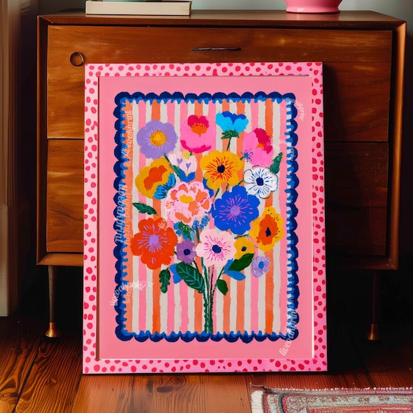 Glad rosa blommig väggkonst – Ljus, djärv bukett med ränder, färgglatt maximalistiskt blomtryck för sovrum, tavelvägg modern retro
