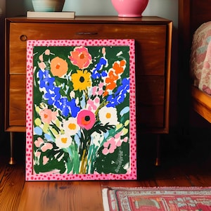 Bold Green Floral Wall Art Print – Vibrant Colorful Bouquet Poster, Cottagecore Maximalist Botanical Decor, Bright Flower Art for Bedroom