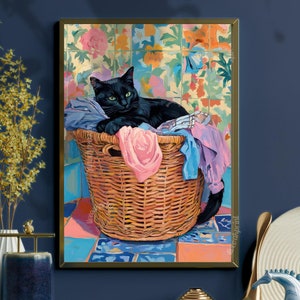 Black Cat Laundry Print - Black Cat Wall Art - Whimsical Laundry Room Decor - Boho Animal Artwork - Cute Quirky Cat Print for Home