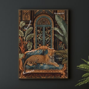 Luxury Leopard In A Dark Academia Living Room - Dark Boho Print - Maximalist Wall Art - Leopard Print - Whimsigoth Living Room