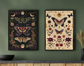 Sun and Moon Butterfly Prints - Set of Two Vintage Butterfly Prints - Whimsigoth Wall Art - Dark Academia Gothic Decor - Celestial Nature