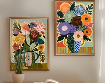 Mid Century Floral Wall Art Prints  Set of 2 - Terracotta and Teal Flower Vase Prints Blue and Orange