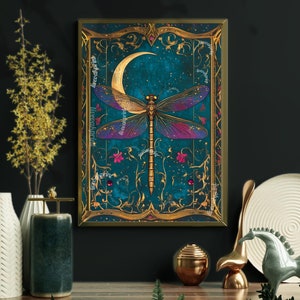 Vintage Dragonfly and Moon Wall Art - Moody Living Room Art - Teal and Gold Botanical Print - Dark Academia Wall Art, Witchy, Gothic, Boho