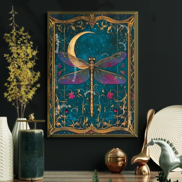 Vintage Dragonfly and Moon Wall Art - Moody Living Room Art - Teal and Gold Botanical Print - Dark Academia Wall Art, Witchy, Gothic, Boho
