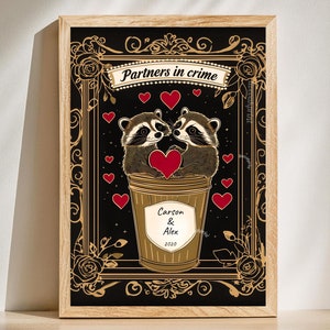 Personalized Couple Print Raccoons  - Valentine's Day Gift Idea Anniversary or Engagement Gift - Custom Couple Print - Retro Cute Wall Decor