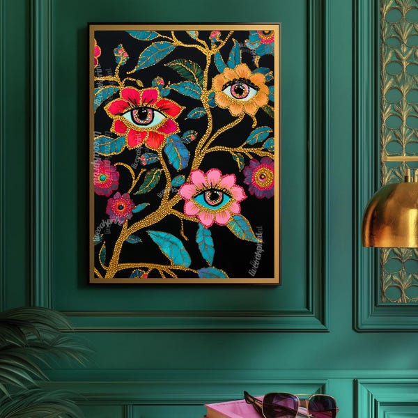 Surreal Eye Flower Art Print – Maximalist Floral Wall Art – Dark Botanical Print – Funky Eye Decor – Dopamine Decor for Eclectic Interiors