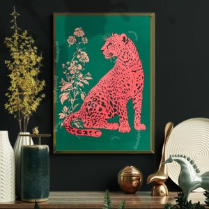 Pink Leopard on Emerald Green Wall Art - Bold Maximalist Animal Print - Vintage Botanical Decor - Modern Eclectic Home Art