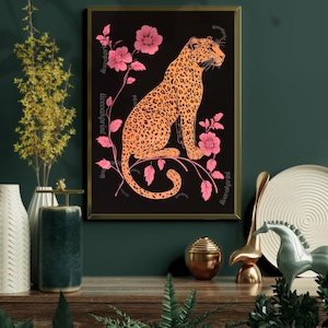 May include: A black and white illustration of a leopard sitting on a branch with pink flowers. The leopard is outlined in orange and the flowers are outlined in white. The background is black.