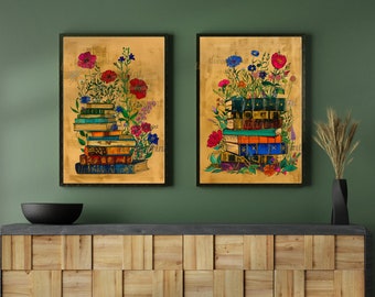 Book Stack Art Prints - Floral Book Lover Decor Set