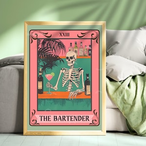 Wydruk karty tarota Bartender - szkielet na ścianę - sztuka na wózek barowy - wydruk koktajlowy - sztuka na barze Witchy - sztuka tarota na ścianę - oprawiona lub nieoprawiona