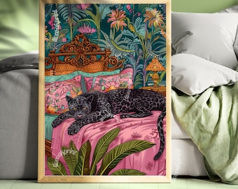 May include: A black panther lies on a pink and green floral bed with a carved wooden headboard. The bed is set against a backdrop of lush green foliage and flowers.