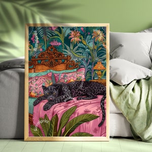 Black Panther on a Bed  - Vintage Black Puma Print - Pink Maximalist Print - Dark Boho Wall Art - Maximalist Panther Print