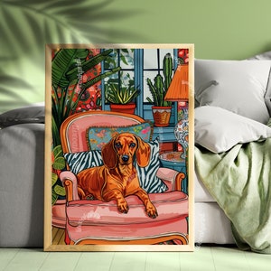 Estampado maximalista de perro salchicha: perro salchicha sobre sofá rosa