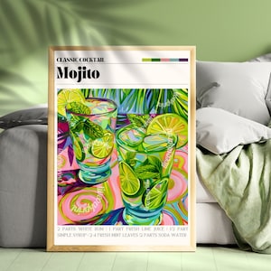 Mojito Print - Mojito Wall Art - Bar Cart Art - Impresiones de cócteles clásicos - Decoración de pared Mojito - Conjunto de impresión de cócteles