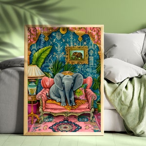 Baby Elephant on a Sofa Print - Elephant Print - Maximalist Living Room - Elephant Nursery - Pink Maximalist Print - Tropical Living Room