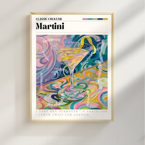 Klassieke martiniprint - muurkunst martinicocktail - barwagenkunst - klassieke cocktailprints - martinicocktailrecept - cocktailprintset