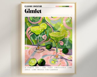 Puede incluir: Una ilustración colorida de dos cócteles verdes llamados Gimlets. Los cócteles están en copas de martini con rodajas de lima para adornar. El fondo es un remolino de colores verdes, rosas y amarillos. El texto dice "CLASSIC COCKTAIL Gimlet 4 PARTS GIN ONE PART SWEETENED LIME JUICE LIME WEDGE FOR GARNISH".
