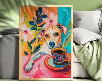Dog with Coffee Print - Dog Kitchen Decor - Boho Wall Art - Coffee Art Print - Cute Dog Wall Art - Maximalist Kitchen Art - Coffee Bar Decor
