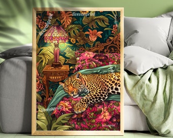 May include: A framed illustration of a leopard sleeping on a bed with a floral patterned headboard. A stained glass lamp sits on a side table next to the bed.