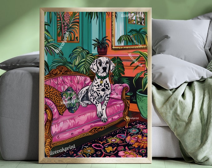 Dalmatien se prélassant sur un canapé de luxe - impression chien maximaliste - oeuvre d'art murale chien - décoration murale jungle - salon maximaliste