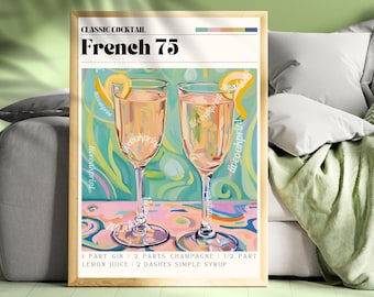Lámina French 75 - Arte mural French 75 - Arte para carrito de bar - Láminas de cócteles clásicos - Decoración mural French 75 - Juego de láminas de cócteles