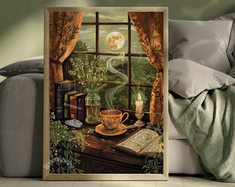 Cozy Reading Nook - Cozy Halloween Print - Vintage Halloween Decor Antique Tea Print  -Earthy Cottagecore Print - Reading Corner Decor