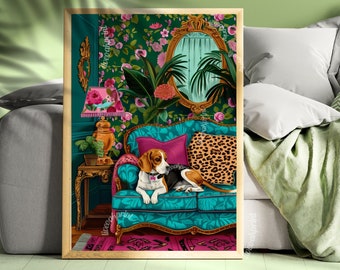 Beagle Print  - Vintage Dog Print - Pink Maximalist Print - Beagle Wall Art - Maximalist Cat Print - Boho Dog Decor - Beagle Owner Gift