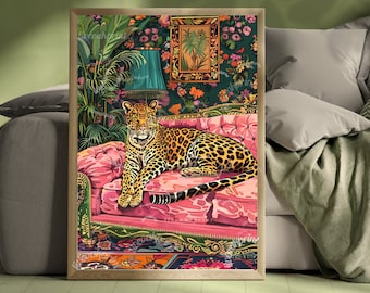 Leopard Lounging on a Luxury Sofa - Maximalist Jungle Wall Art - Bold Leopard Print - Eclectic Animal Decor - Glam Living Room Statement Art
