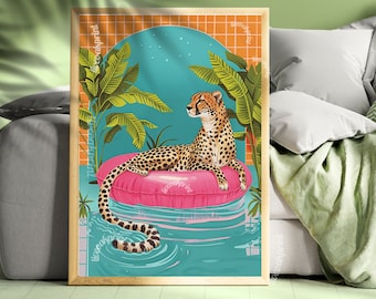 Cheetah Floating in a Pool - Summer Wall Art - Maximalist Wall Art - Cheetah Print - Cheetah Wall Art - Jungle Wall Decor
