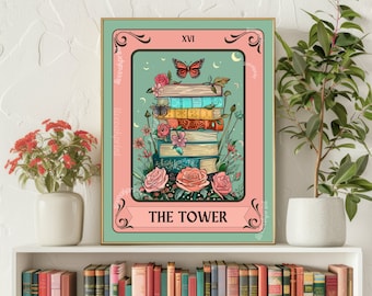 The Tower Tarot Print - Stack of Books Tarot Card - Botanical Reading Print - Book Lover Gift - Reading Nook Art - Bookish Decor