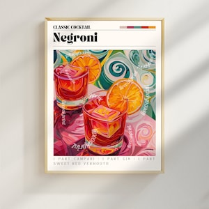 Negroni-afdruk - Negroni-cocktailkunst aan de muur - barwagenkunst - klassieke cocktailafdrukken - Negroni-cocktailrecept - cocktailafdrukset