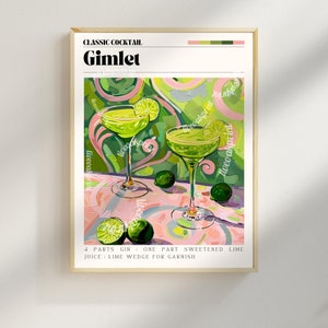 Gimlet print - cocktailkunst aan de muur - schattige barwagen kunst - klassieke cocktailprints - limoen decor - muurkunst keuken - vintage drankje print