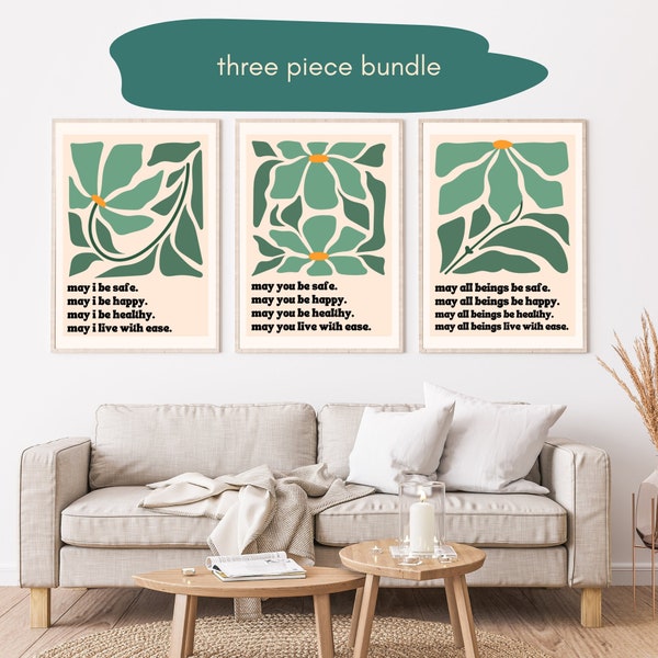 Liebevolle Kindness Kunstdruck 3er Bündel - Loving Kindness Meditation Wandkunst - Metta Gebet - Minimalistisches Dreier Print Set - Ungerahmt