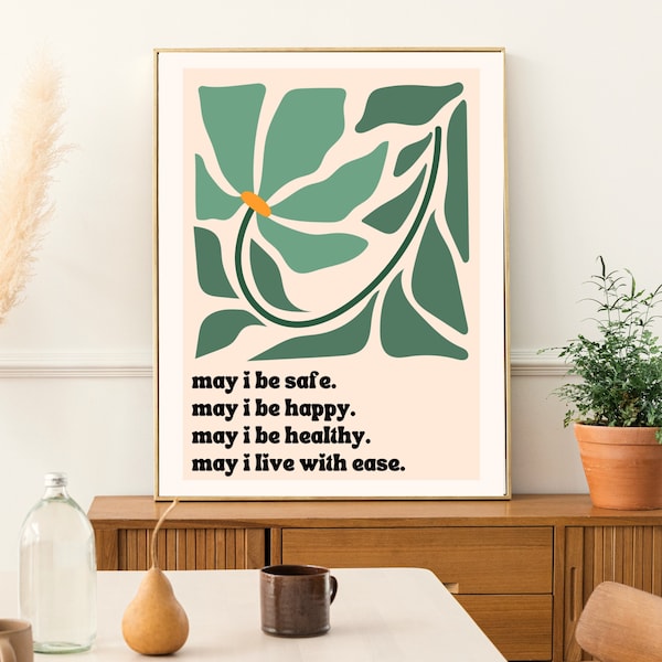 May I Be Safe / Metta Prayer Print - Loving Kindness Wall Art - Meditation Room Decor - Boho Sage Green Minimalist Art