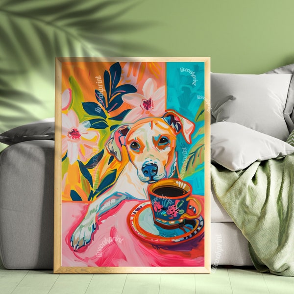 Dog with Coffee Print - Dog Kitchen Decor - Boho Wall Art - Coffee Art Print - Cute Dog Wall Art - Maximalist Kitchen Art - Coffee Bar Decor