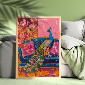 Peacock on a Sofa Print - Peacock Wall Art - Maximalist Living Room - Pink Maximalist Print Luxury Wall Art - Tropical Living Room Decor