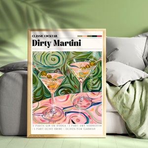 Brudny nadruk Martini - Sztuka ścienna z koktajlami - Uroczy wzór wózka barowego - Klasyczne nadruki koktajlowe - Dekoracja Martini - Sztuka ścienna do kuchni