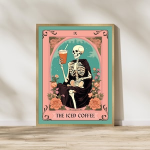 La carta dei tarocchi del caffè ghiacciato - Stampa del caffè ghiacciato - Stampa del caffè - Stampa della cucina - Arte murale dello scheletro - Arte murale della strega - Halloween vintage