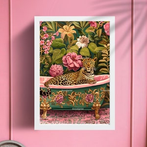 Luxurious Leopard In A Bathtub - Maximalist Bathroom Decor - Leopard Bathroom Print - Maximalist Leopard Print- Jungle Wall Decor
