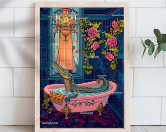 Crocodile in a Bathtub - Vintage Inspired Crocodile Print