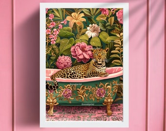 Luxurious Leopard In A Bathtub - Maximalist Bathroom Decor - Leopard Bathroom Print - Maximalist Leopard Print- Jungle Wall Decor