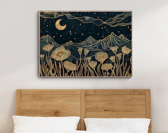 Navy Blue Moon and Poppies - Mountain Views Wall Art - Celestial Wall Art - Magic Moon Art - Whimsical Wall Art - Poppy Flower Print