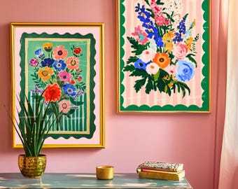 Colorful Floral Wall Art Set of 2 - Vintage Flower Prints with Stripes - Cottagecore Kitchen or Bedroom Decor - Botanical Poster Bundle
