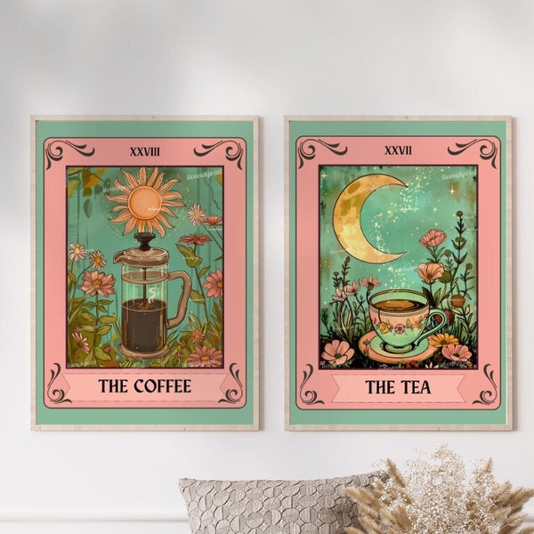 The Coffee and The Tea Tarot Print - Set Of 2 Sun and Moon Prints - Boho Kitchen Art - Set Of Two Coffee and Tea Prints