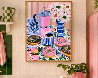 Coffee and Donuts Wall Art, Maximalist Food Print, Disco Ball Kitchen Poster