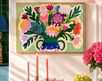 Charlotte Floral Wall Art, Sage Green Botanical Bouquet Print, Colorful Flower Poster, Eclectic Dining Room Decor, Retro Floral Wall Art