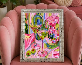 Martini and Disco Ball Wall Art, Maximalist Cocktail Print, Retro Bar Cart Poster, Pink Green Home Bar Decor, Eclectic Girls Night Art
