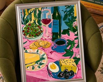 Girl Dinner Wall Art - Maximalist Food Print Wine and Cheese Poster,